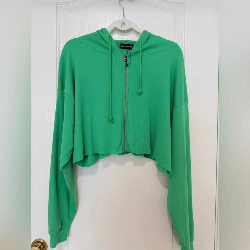 PrettyLittleThing Cropped Zip Up Hoodie Green Size 12 Trendy Y2K - Picture 2 of 5